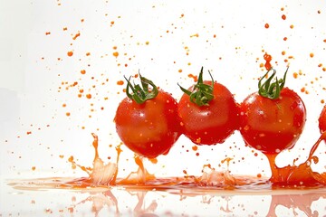 Flying ripe tomatoes with a splash and splash of tomato juice, sauce or ketchup. Creative food concept, falling tomatoes. Mockup for advertising, label, design