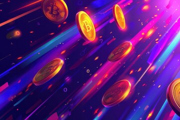 Bitcoin gold coins are flying on lilac pink blue background. 3D illustration. Virtual electronic money. Modern earnings concept, business, creative layout with BTC crypto currency