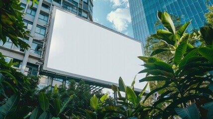 White blank billboard, banner on the streets of a modern city with lush green vegetation. Layout for advertising, design, signboard. Urban outdoor advertising