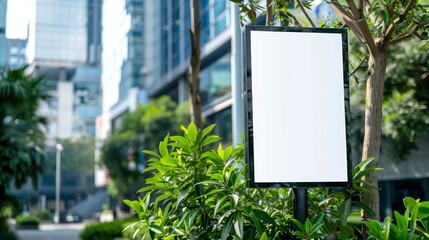 White blank billboard, banner on the streets of a modern city with lush green vegetation. Layout for advertising, design, signboard. Urban outdoor advertising