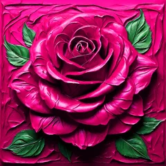 Gordijnen floral oil painting abstract artwork knife plate Magenta flower with green leaves © Abdur