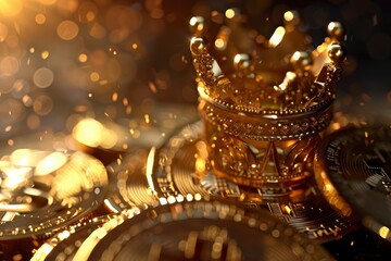 Bitcoin gold coin in a crown. King of cryptocurrency money, mining, trading. Concept of earning money of the future, modern business. Gold coins with beautiful bokeh background