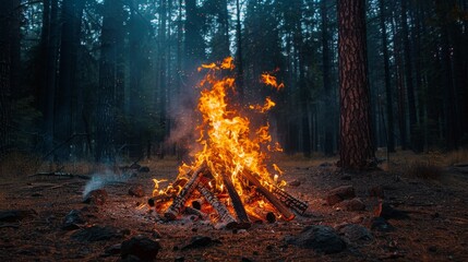 Flame and Fire: A photo of a blazing campfire in the middle of a dark forest