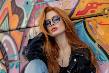 A confident redhead with chic glasses posing with poise in a sleek, modern loft apartment, epitomizing contemporary elegance. Ai generated