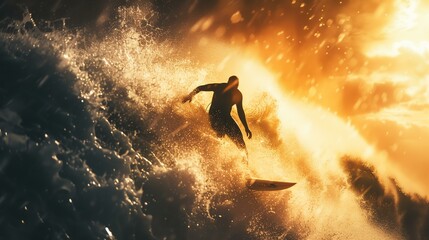 Surfer rides a big wave. The sun is setting and the sky is orange. The surfer is silhouetted against the sky.