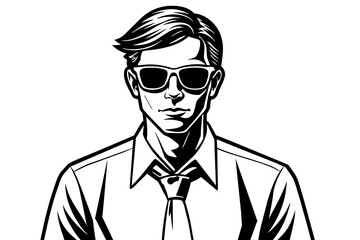 an handsome man wears a blue tie and white shirt and black glass