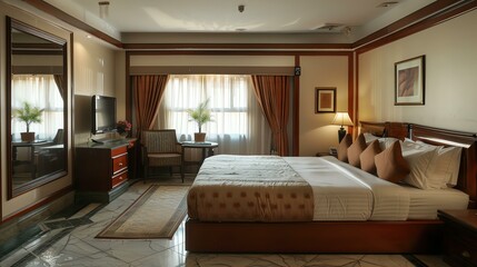 A simple and elegant hotel room with a king-sized bed, a sitting area, and a TV.