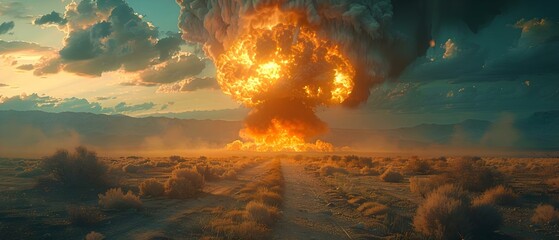 Apocalyptic Shockwave: Serene Desolation Meets Fiery Fury. Concept Disaster Photography, Dramatic Scenes, Nature's Wrath, Post-Apocalyptic Landscapes, Surreal Destruction