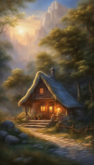Mystical Cottage in the Woods with Morning Light