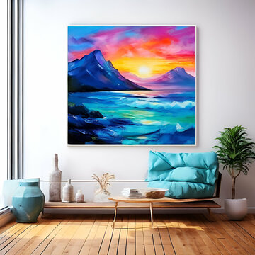Title: Title: sunset in the mountains vibrant abstract hand paper a wall sky sunset mountain nature sea water blue  sofa

