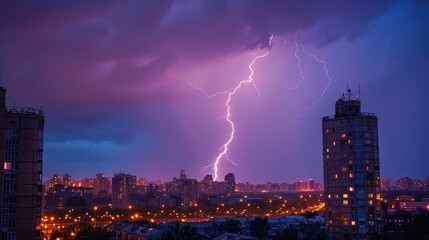 Lightning Strike: A photograph showing a lightning bolt striking a tall building in a city skyline during a thunderstorm - obrazy, fototapety, plakaty