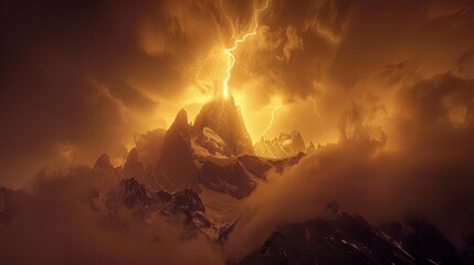 Nature Power: A photo of a lightning bolt illuminating the sky above a rugged mountain peak - obrazy, fototapety, plakaty