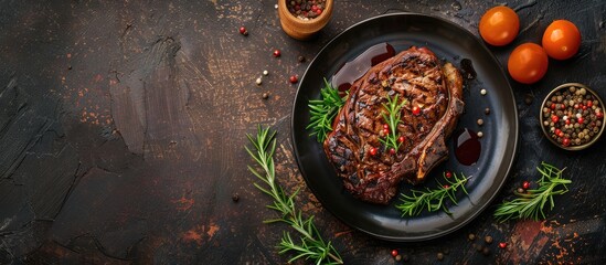 Top view of grilled ribeye beef steak seasoned with red wine, herbs, and spices, with available space for text. - obrazy, fototapety, plakaty