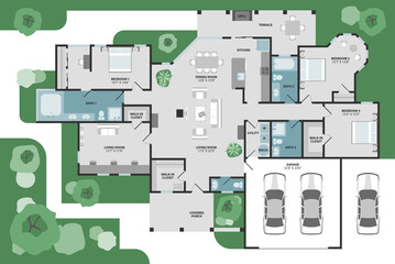 Floor plan of a house. Modern and unique graphic style vector architectural plan with furniture in top view.