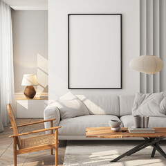 Naklejka premium Frame mockup, ISO A paper size. Living room wall poster mockup. Interior mockup with house background. Modern interior design. 3D render 