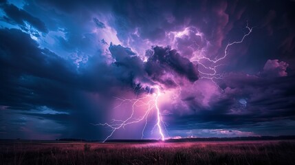 Nature Power: A photo capturing a lightning storm over a rural countryside - obrazy, fototapety, plakaty