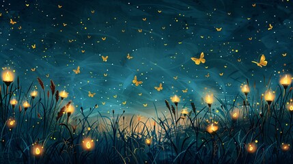 Antique inspired illustration of fireflies creating a magical glow in a dark summer night