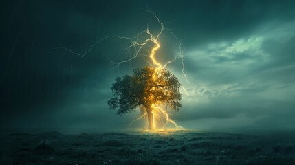 Nature Power: A photo of a lightning bolt striking a lone tree in a field