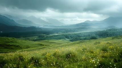 Panoramic View of Picturesque Scottish Highlands Landscape on a Peaceful Spring Morning