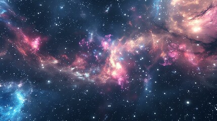 This is a mesmerizing deep space image of a colorful nebula. The vibrant hues of pink, blue, and...