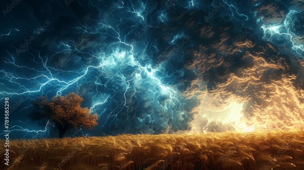 Poster thunder and lightning: a photo of lightning striking a field
