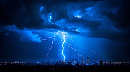 Fototapeta na wymiar Thunder and Lightning: A photo of lightning illuminating the silhouette of a city skyline at night