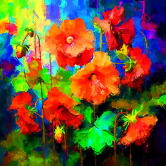 Floral oil painting abstract colourful abutilon cheerful nature artwork