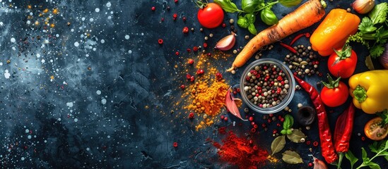 Colorful spices and fresh vegetables for cooking are displayed in a close-up on a dark metal background, with room for text. The image, taken from above, showcases bio healthy food ingredients.