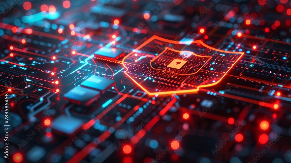 Poster world password day: digital shield over network circuitry symbolizing cybersecurity and encrypted co