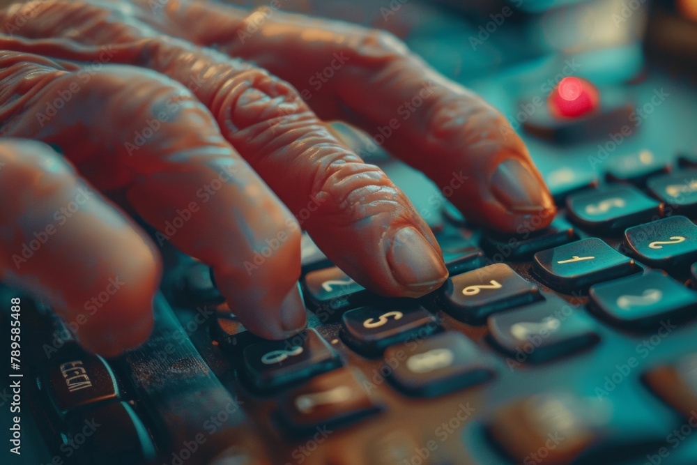 Poster secure password input on keypad for cybersecurity on world password day - close-up of user's fingers