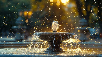 Water Spark: A photo of a fountain in a city square - obrazy, fototapety, plakaty
