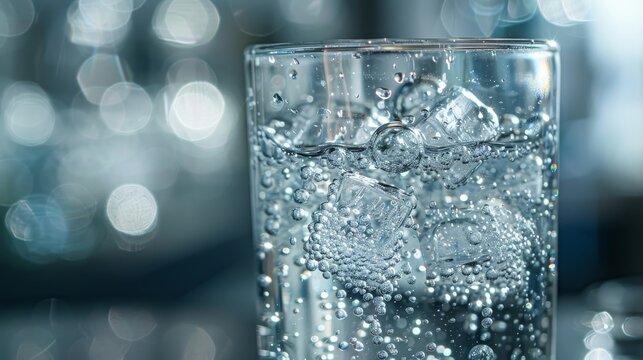 Water Spark: A photo of a glass of sparkling water, with bubbles rising to the surface and reflecting light