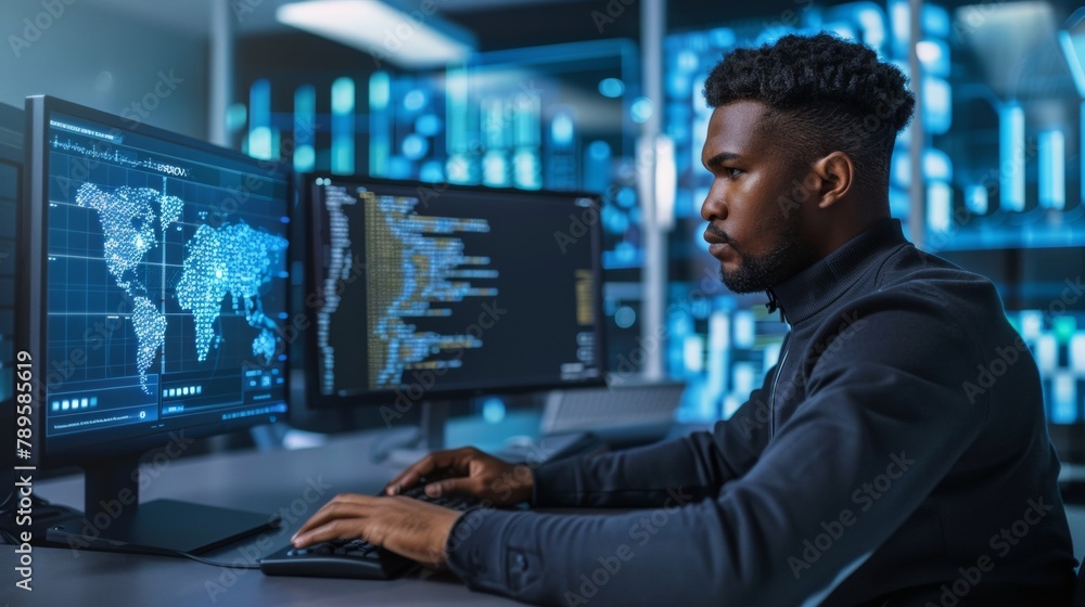 Poster black male office worker ensuring data privacy on secure login screen in blurred office background