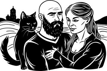 Artem without hair on his head, strong and with a beard, hugs Tanya tightly against the backdrop of an apocalyptic landscape