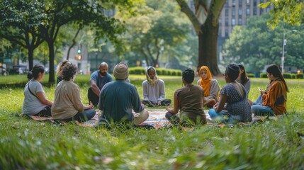 Diverse Group in Urban Park Observing International Day of Peace with Silent Prayer
