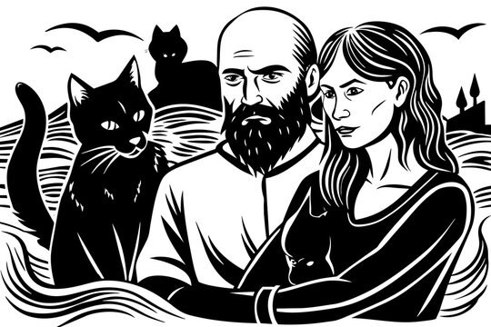Artem without hair on his head, strong and with a beard, hugs Tanya tightly against the backdrop of an apocalyptic landscape