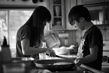 Teenage Sister and Younger Brother Preparing Pancakes in Early Morning Kitchen for National Brothers and Sisters Day