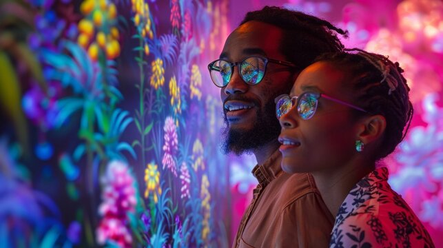 Mixed-Race Siblings in Their 30s Sharing Joyful Moments at Digital Art Exhibit on National Brothers and Sisters Day