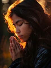 Obraz premium Young Hispanic Woman Praying in Forest at Dusk - National Day of Prayer Serenity