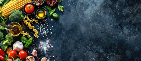 Ingredients for cooking Italian food include pasta, vegetables, and spices, displayed from a top perspective with space for text. - obrazy, fototapety, plakaty