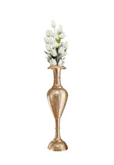 brass flower vase with white flowers isolated on white