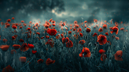 Red poppy blooms in a field landscape, Poppy Day British, Remembrance Day. copy space