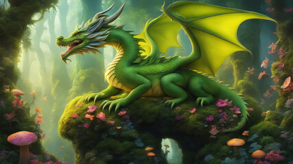 Fototapeta na wymiar Dragon with Bright Wings against Green Forest