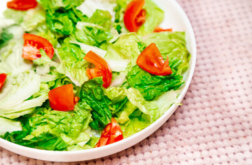 Fresh summer salad on white porcelain plate. Copy space. Green lettuce leaves and tomatoes. Healthy salad bowl.