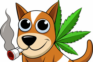 Craft a humorous cartoon illustration depicting a Dog smoking a cannabis cigarette against a pristine white background.