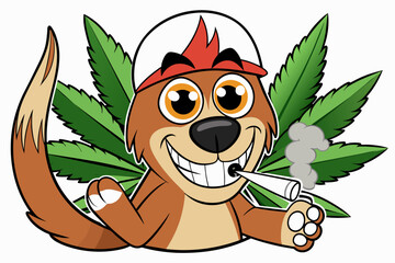 Craft a humorous cartoon illustration depicting a Dog smoking a cannabis cigarette against a pristine white background.