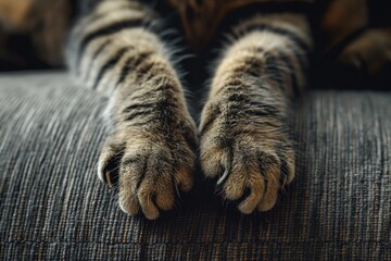 Tabby cat paws on backrest closeup, cat paw closeup, cat paw-like tiger, pet paw closeup, cat leg...