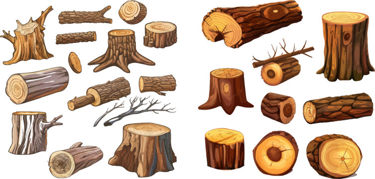 Firewood, tree stumps with rings, trunks, branches and twigs