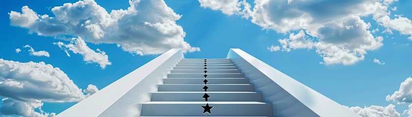 A staircase reaching towards the sky, each step labeled with milestones, visualizing the ascent towards ones aspirations and goals