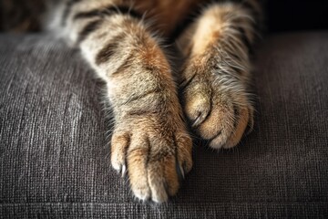 Tabby cat paws on backrest closeup, cat paw closeup, cat paw-like tiger, pet paw closeup, cat leg closeup, kitty leg closeup - obrazy, fototapety, plakaty